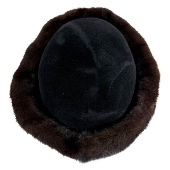 Vintage 1990s Birger Christensen Black Felt Hat with Brown Mink Fur Trim OSFM
